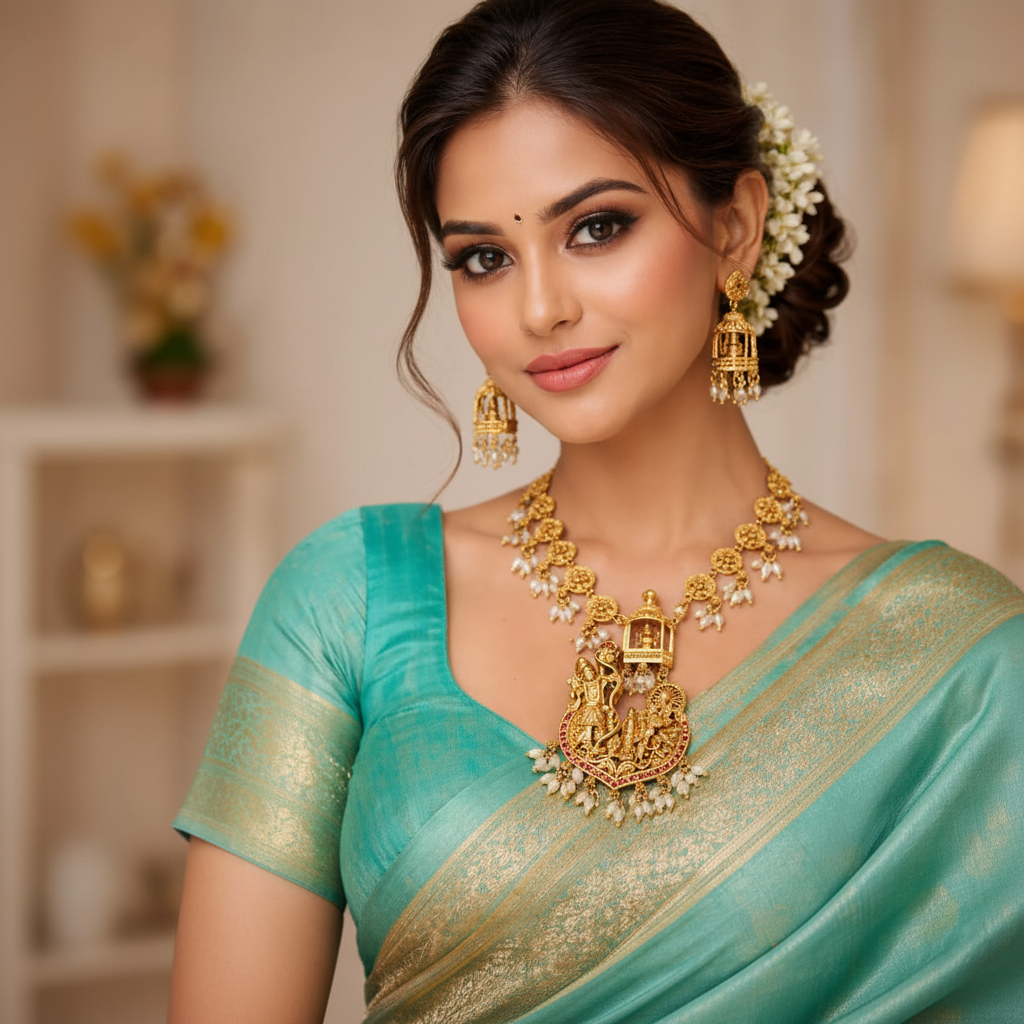 Radha Krishna Temple Necklace Teal Saree - Square