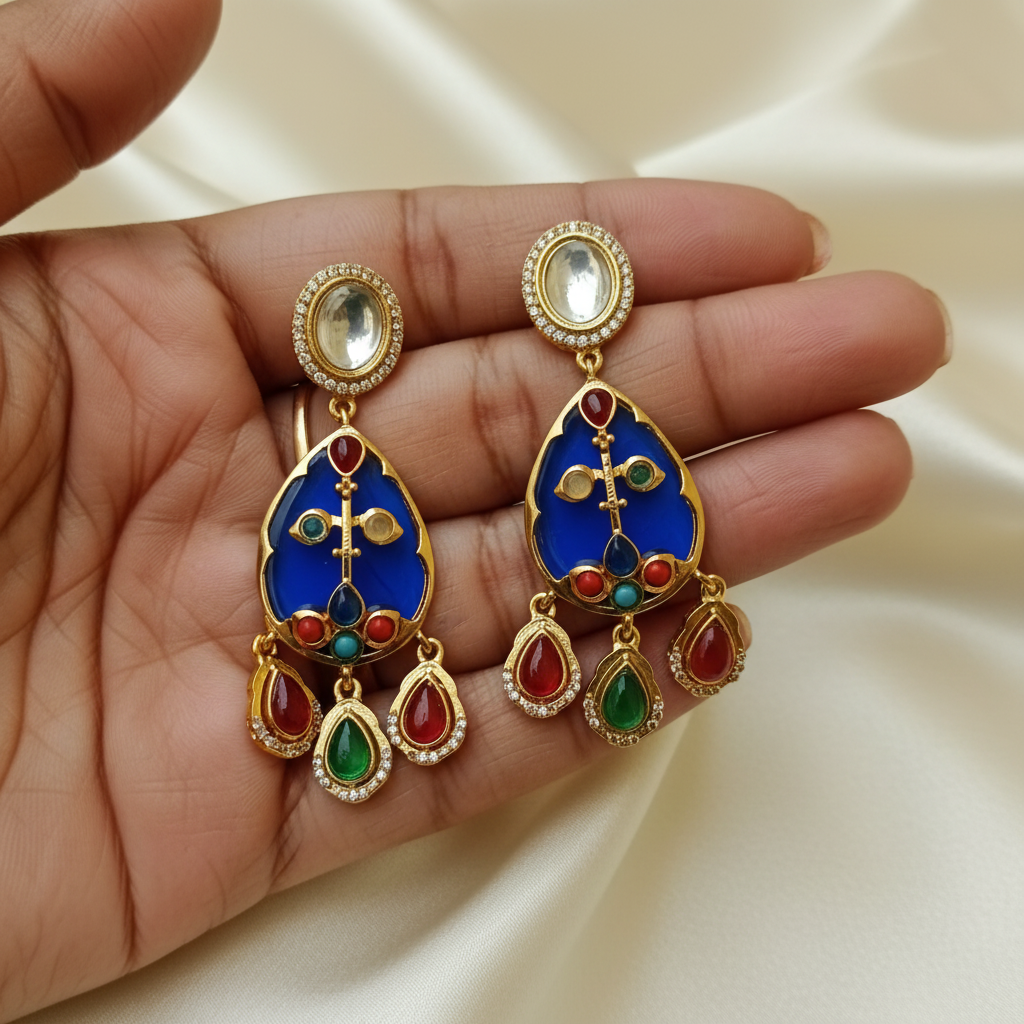 Blue Meenakari Teardrop Earrings
