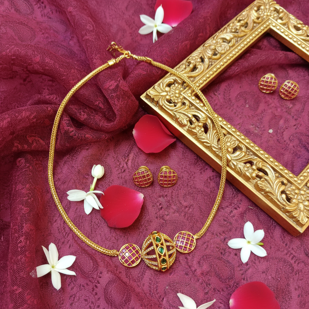 Ruby Grid & Emerald CZ Geometric Ball Choker Necklace Set