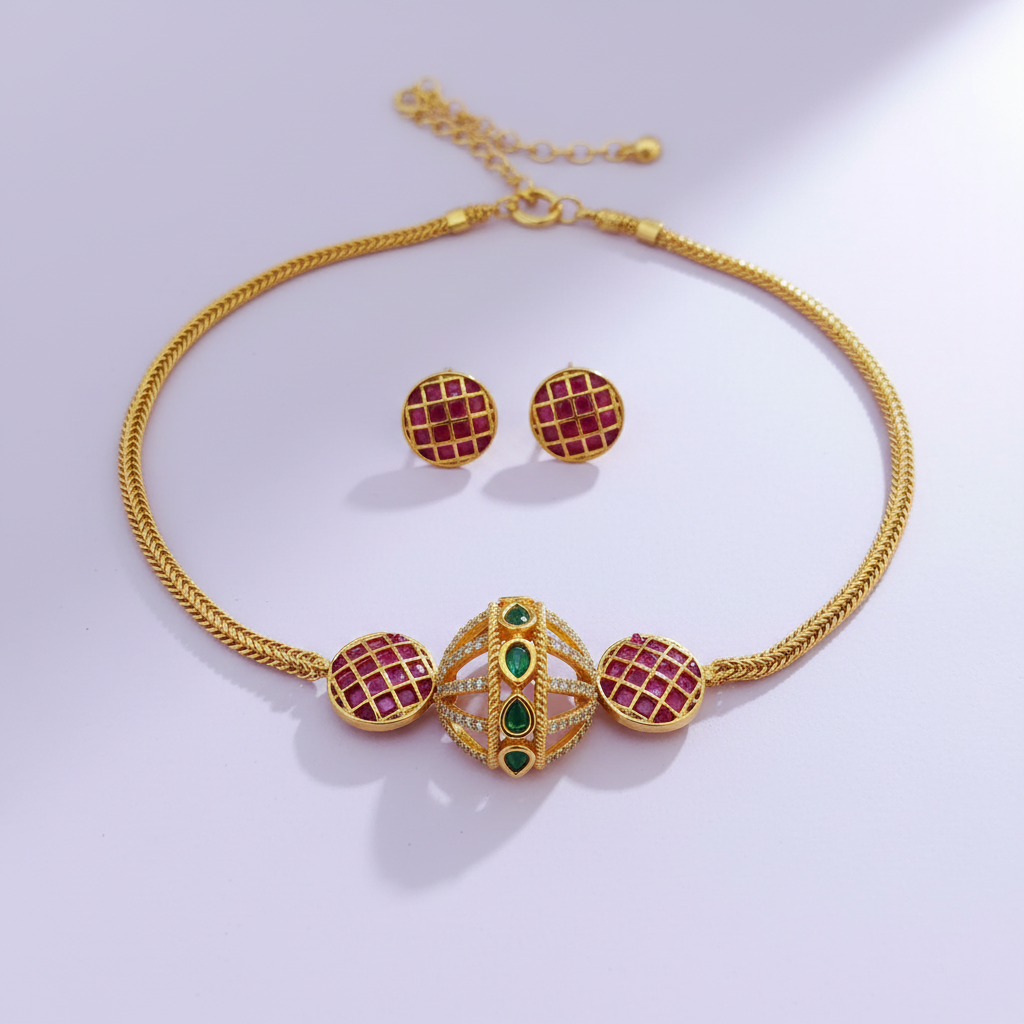 Ruby Grid & Emerald CZ Geometric Ball Choker Necklace Set