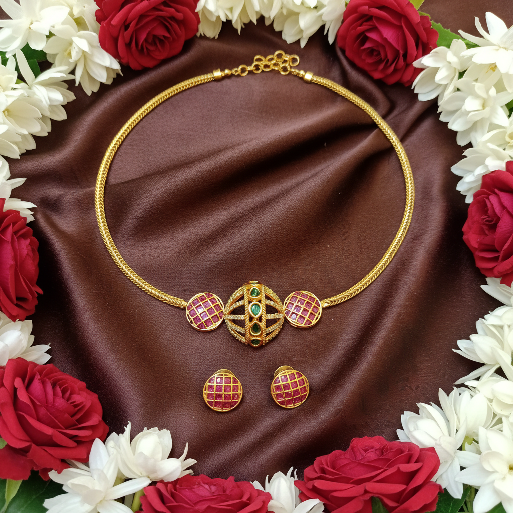 Ruby Grid & Emerald CZ Geometric Ball Choker Necklace Set