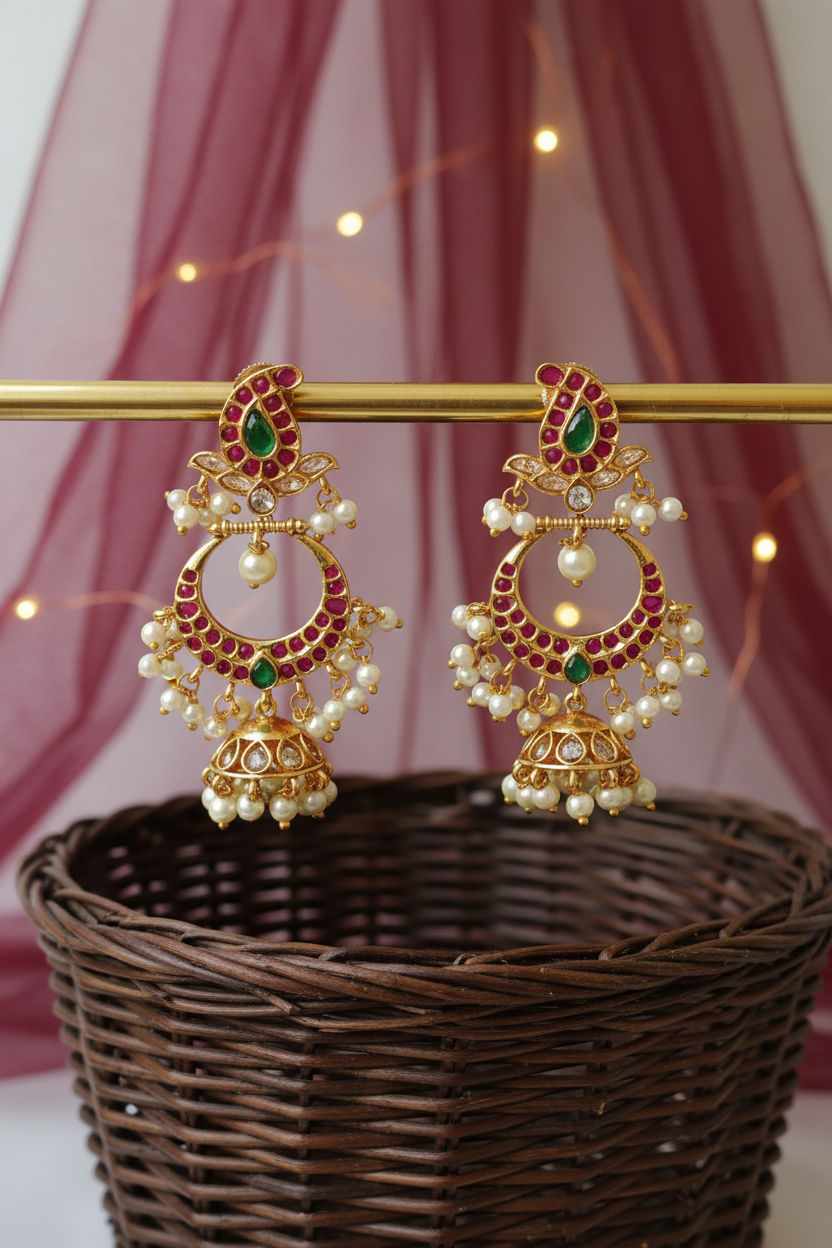 Ruby Kemp Chandbali Earrings with Pearl Jhumka