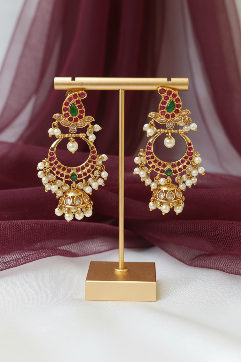 Ruby Kemp Chandbali Earrings with Pearl Jhumka