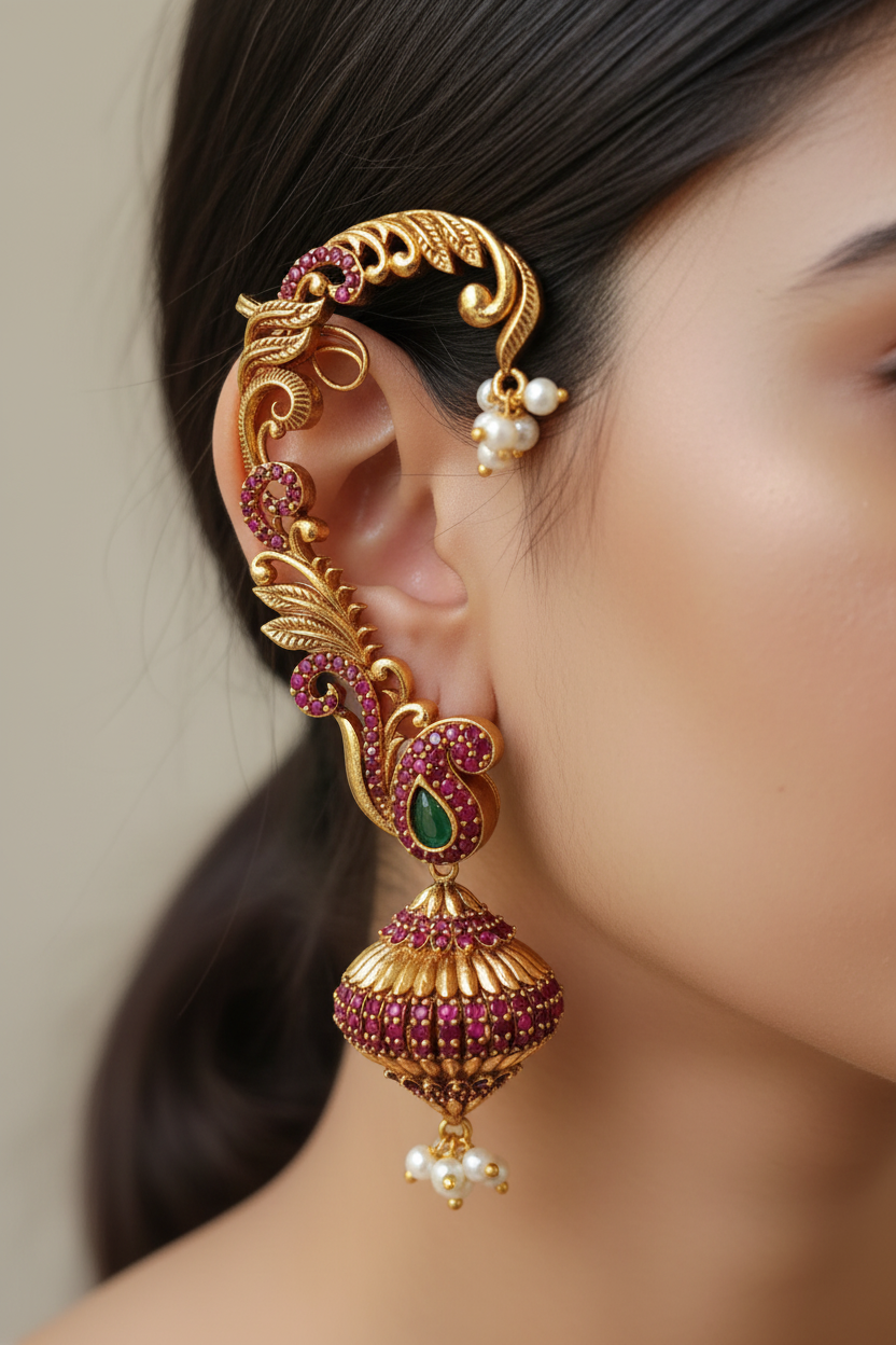 Antique Gold Ruby Peacock Feather Ear Cuff Jhumka Earrings – Emerald & Pearl Drop