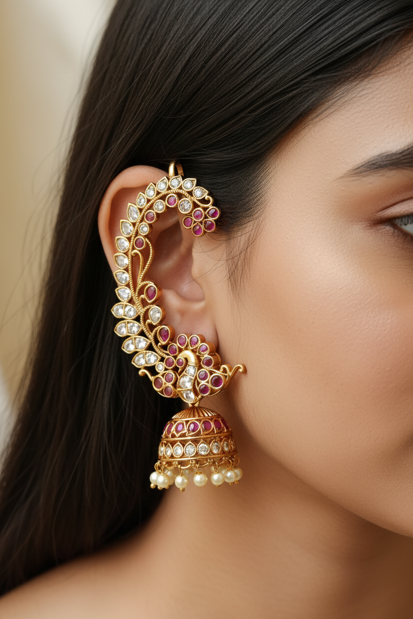 Antique Gold Peacock Ear Cuff Jhumka Earrings – Ruby, CZ & Pearl Drops