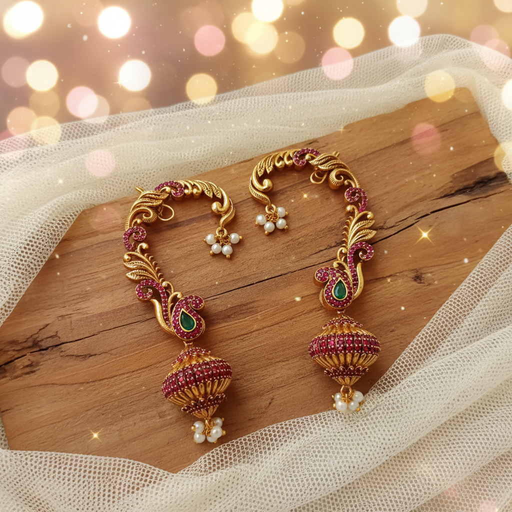 Antique Gold Ruby Peacock Feather Ear Cuff Jhumka Earrings – Emerald & Pearl Drop