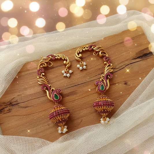 Antique Gold Ruby Peacock Feather Ear Cuff Jhumka Earrings – Emerald & Pearl Drop