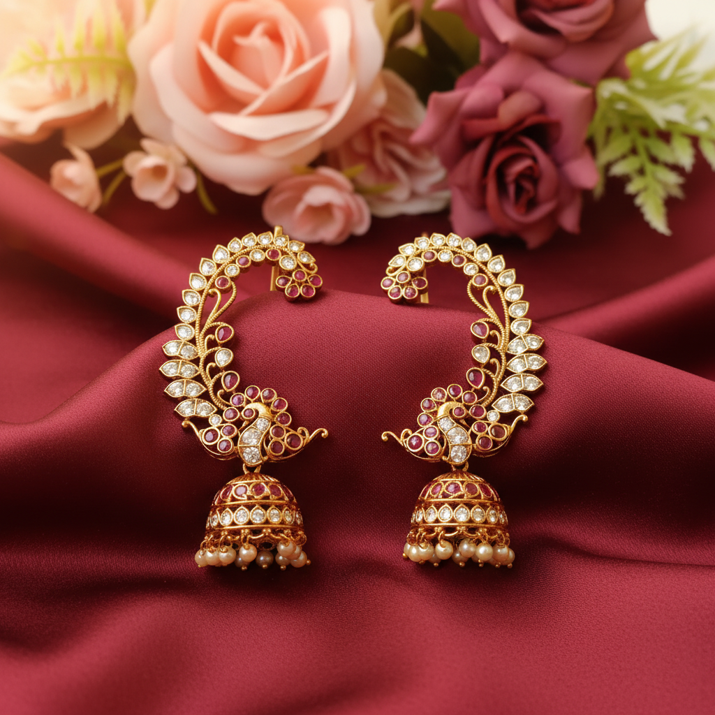 Antique Gold Peacock Ear Cuff Jhumka Earrings – Ruby, CZ & Pearl Drops