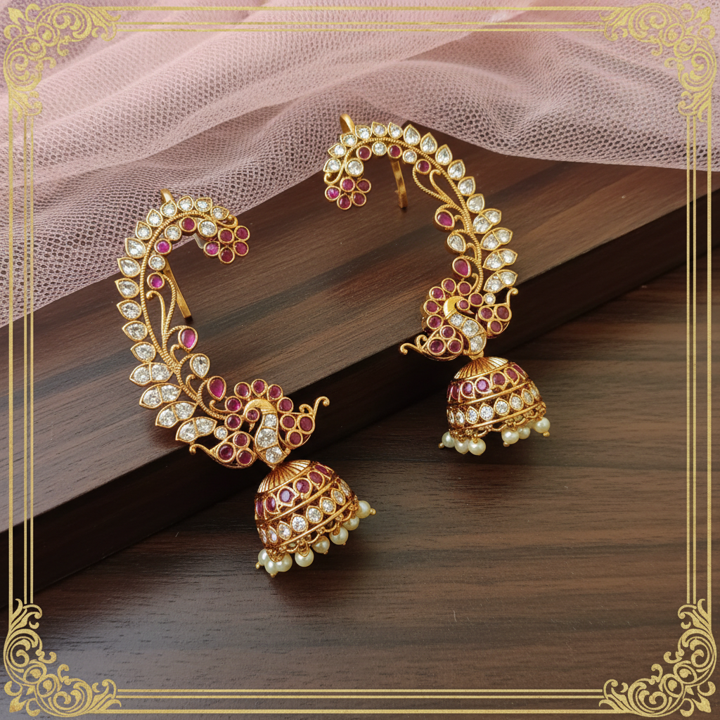 Antique Gold Peacock Ear Cuff Jhumka Earrings – Ruby, CZ & Pearl Drops