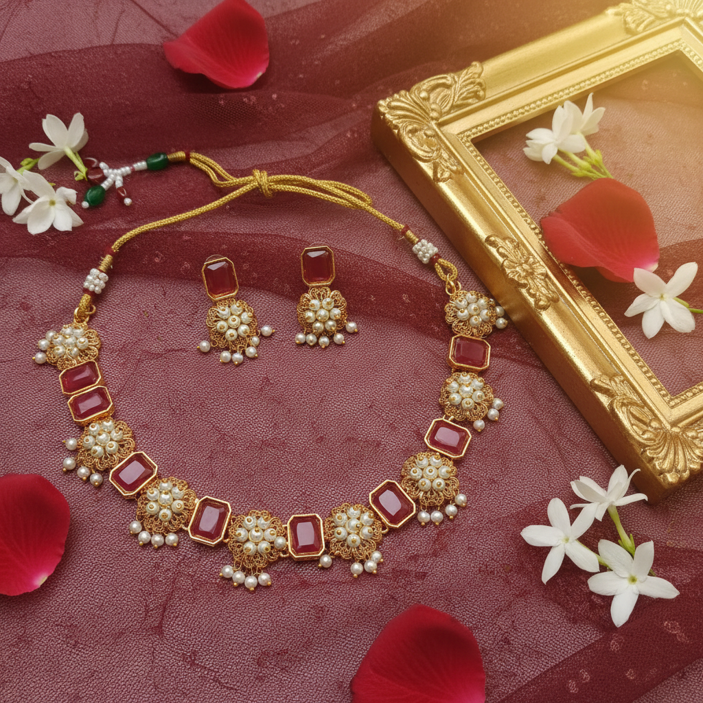 Ruby Rectangle & Pearl Filigree Necklace & Earring Set