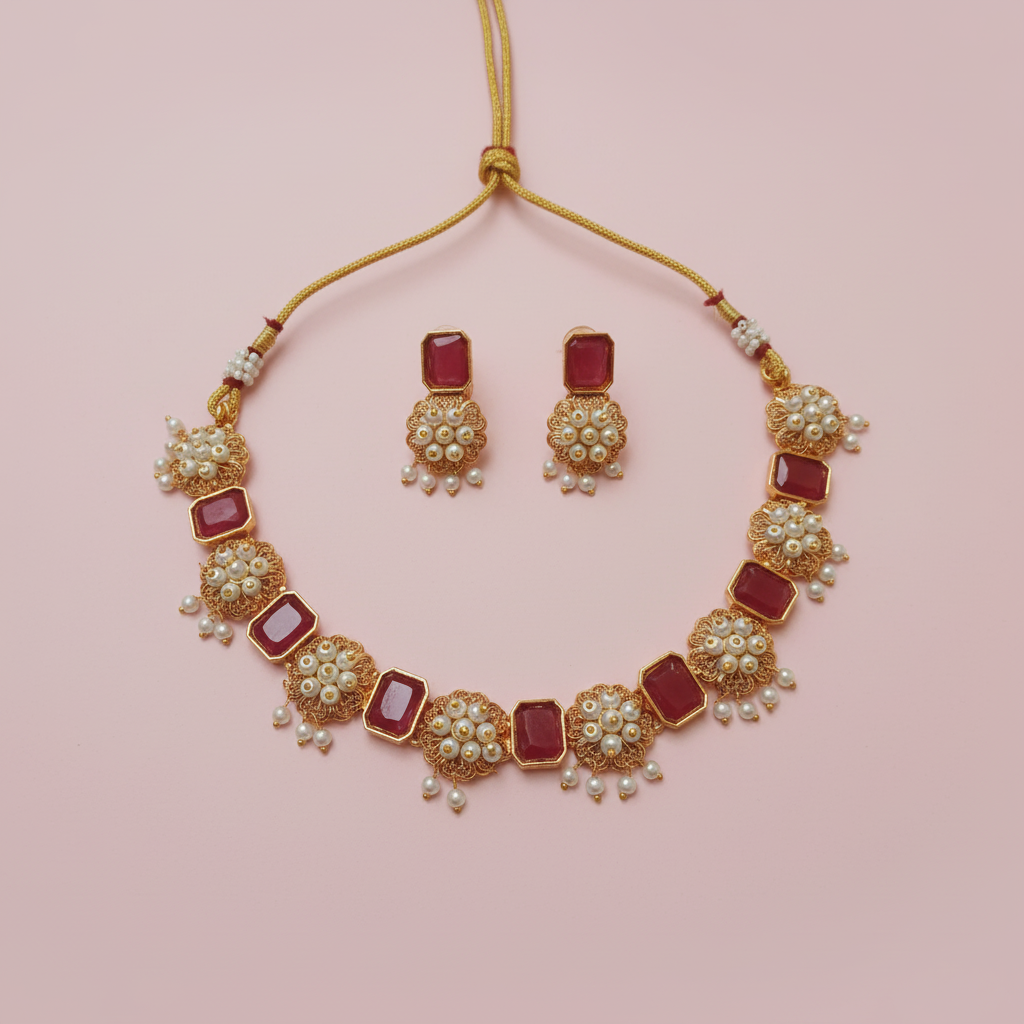 Ruby Rectangle & Pearl Filigree Necklace & Earring Set