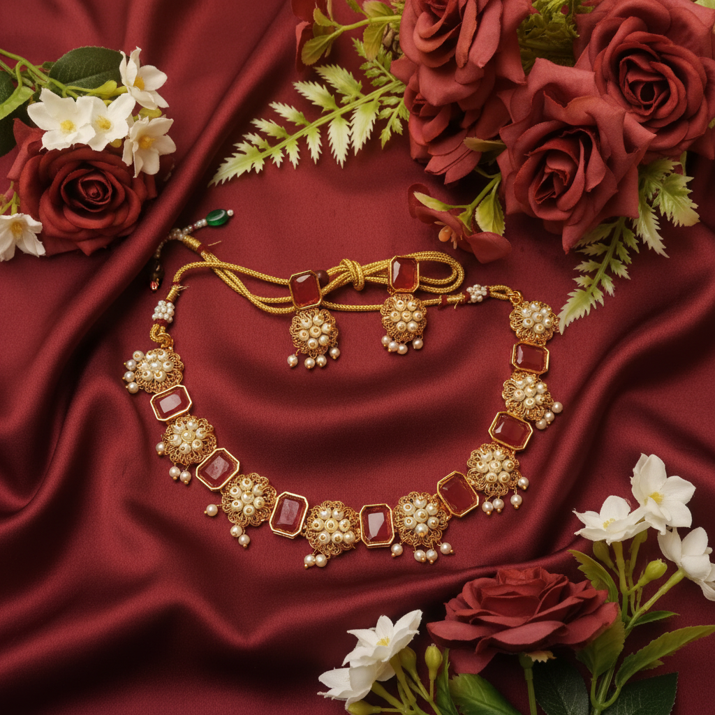 Ruby Rectangle & Pearl Filigree Necklace & Earring Set