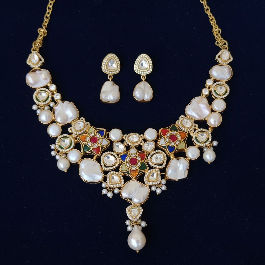 Baroque Pearl Kundan Meenakari Necklace Set