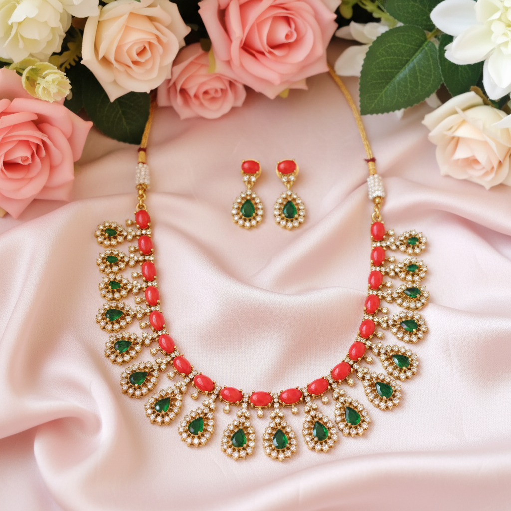 Coral & Emerald CZ Teardrop Fringe Necklace Set with Drop Earrings