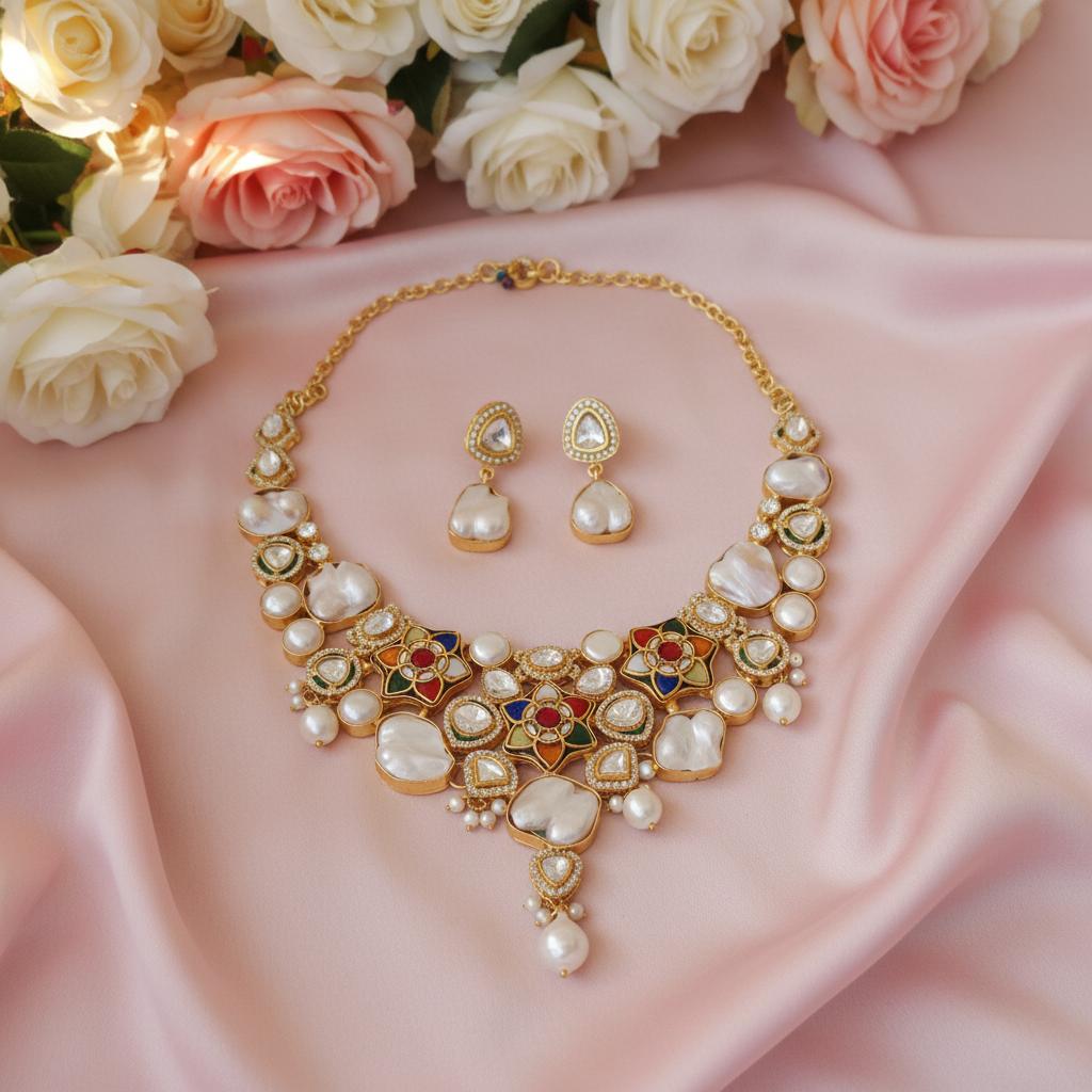 Baroque Pearl Kundan Meenakari Necklace Set