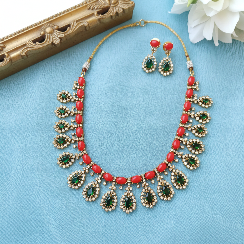 Coral & Emerald CZ Teardrop Fringe Necklace Set with Drop Earrings