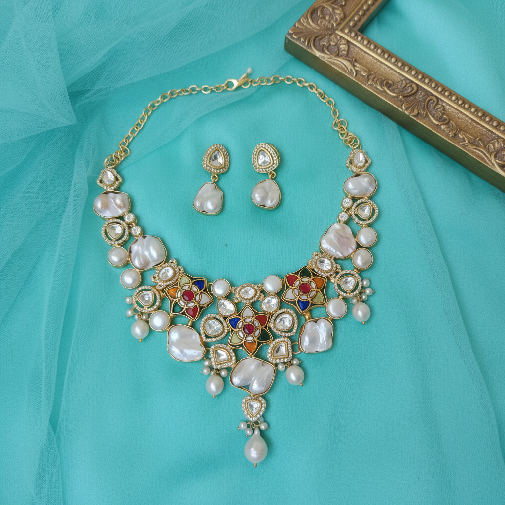 Baroque Pearl Kundan Meenakari Necklace Set