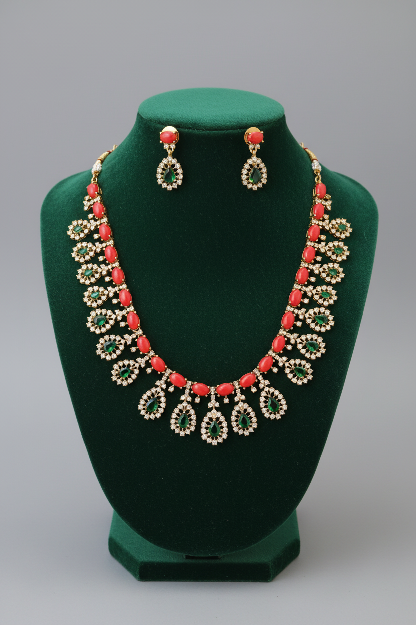 Coral & Emerald CZ Teardrop Fringe Necklace Set with Drop Earrings