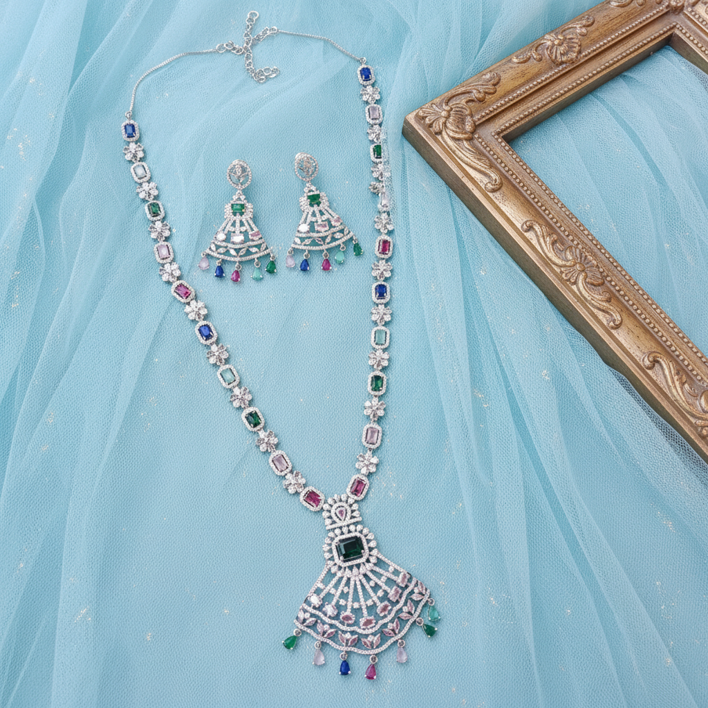 Multicolour CZ Diamond Long Necklace Set