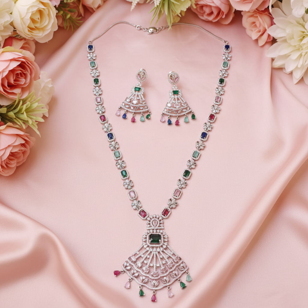 Multicolour CZ Diamond Long Necklace Set