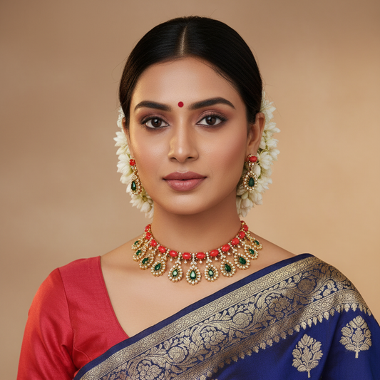 Coral & Emerald CZ Teardrop Fringe Necklace Set with Drop Earrings