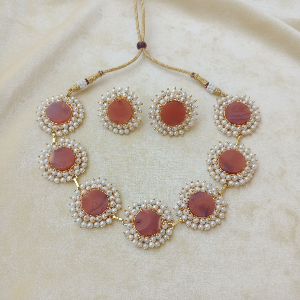 natural uncut Coral  &Pearl Coin Choker Necklace