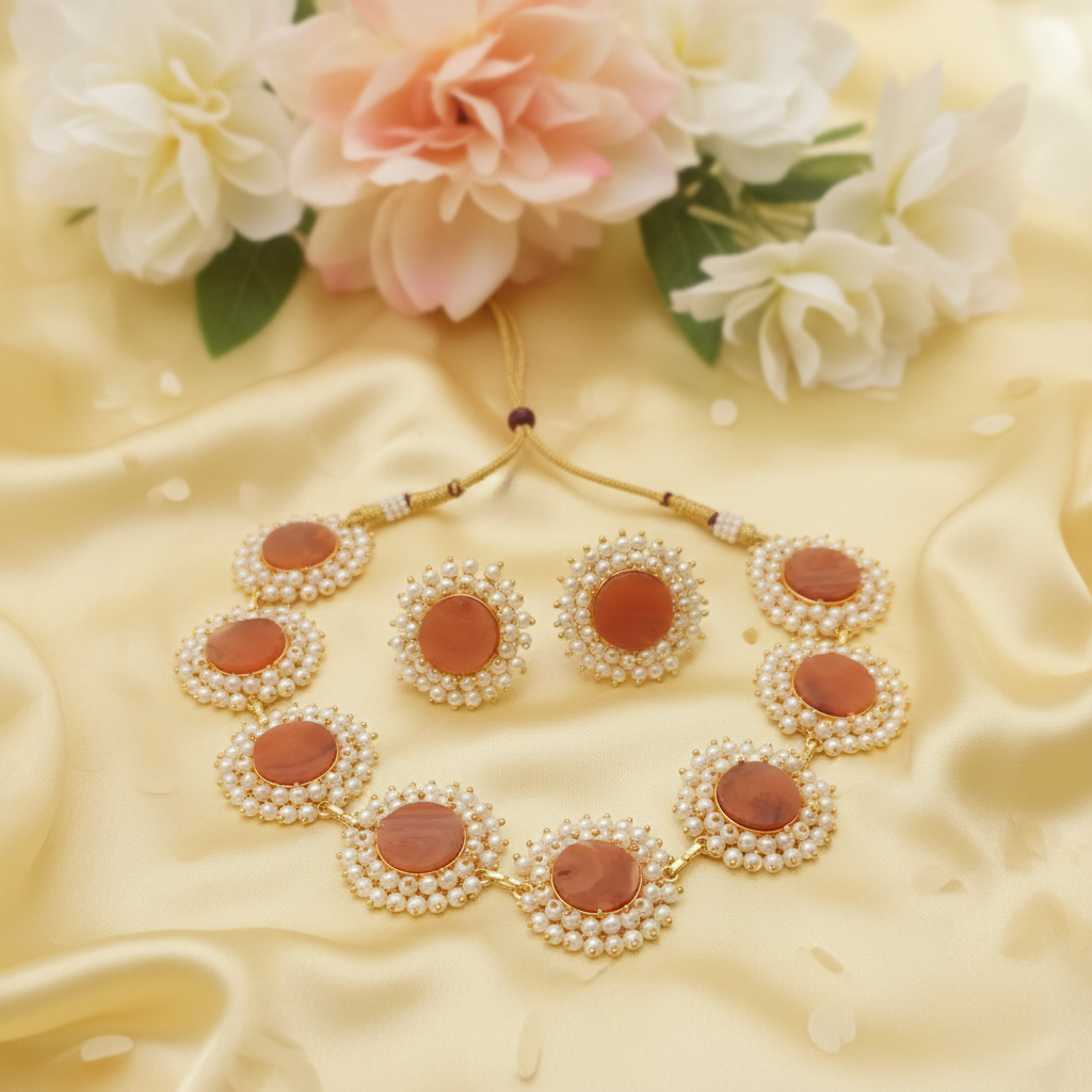 natural uncut Coral  &Pearl Coin Choker Necklace