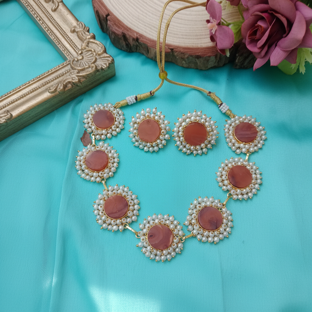 natural uncut Coral  &Pearl Coin Choker Necklace