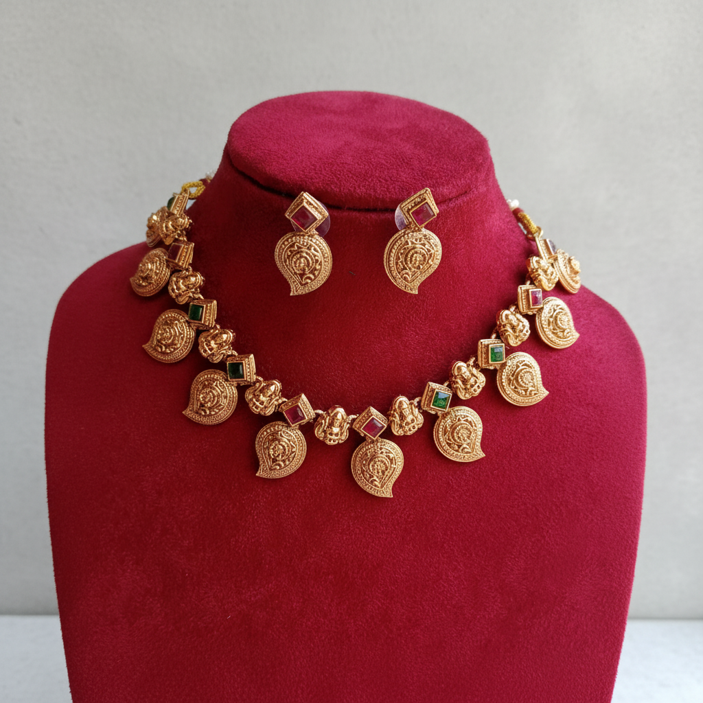 Antique Gold Lakshmi Mango Necklace Set with Ruby & Emerald Stones