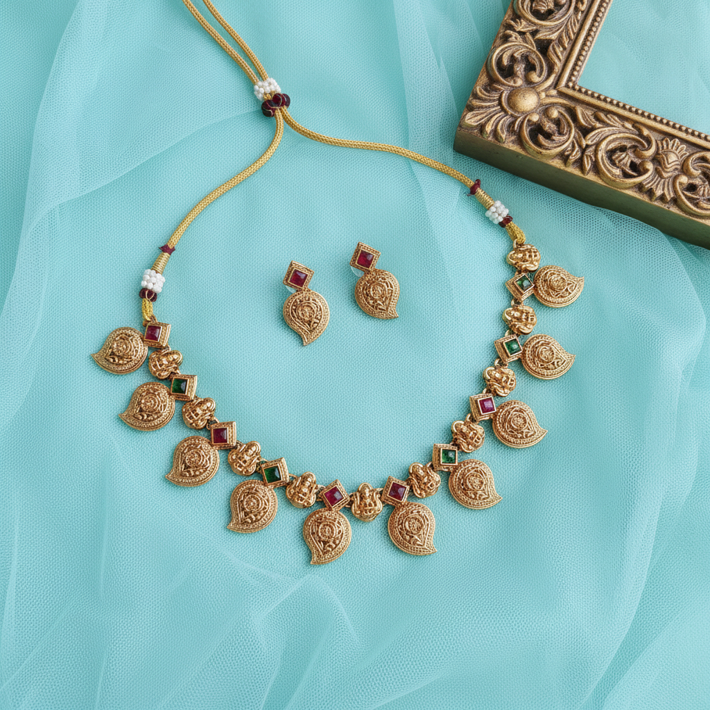 Antique Gold Lakshmi Mango Necklace Set with Ruby & Emerald Stones