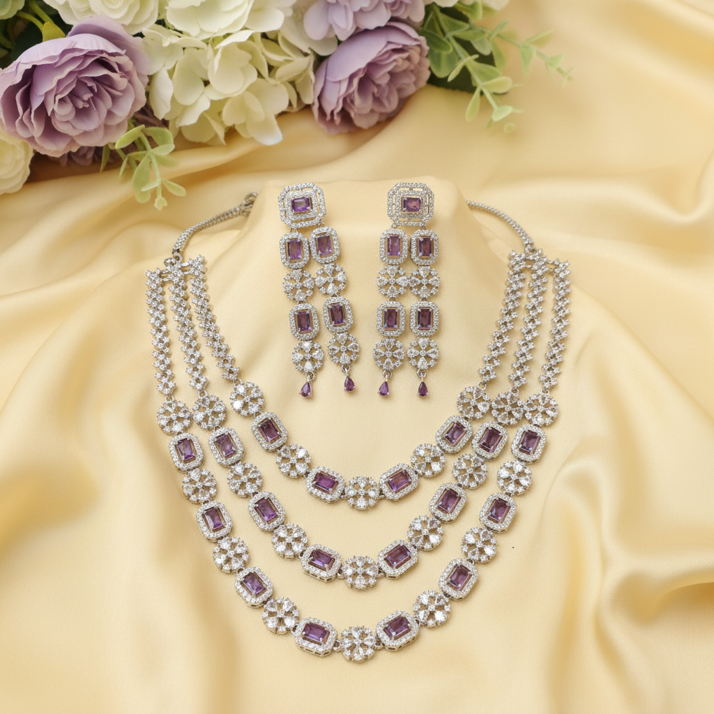 Silver AD Stone Double Layer Necklace Set with Earrings
