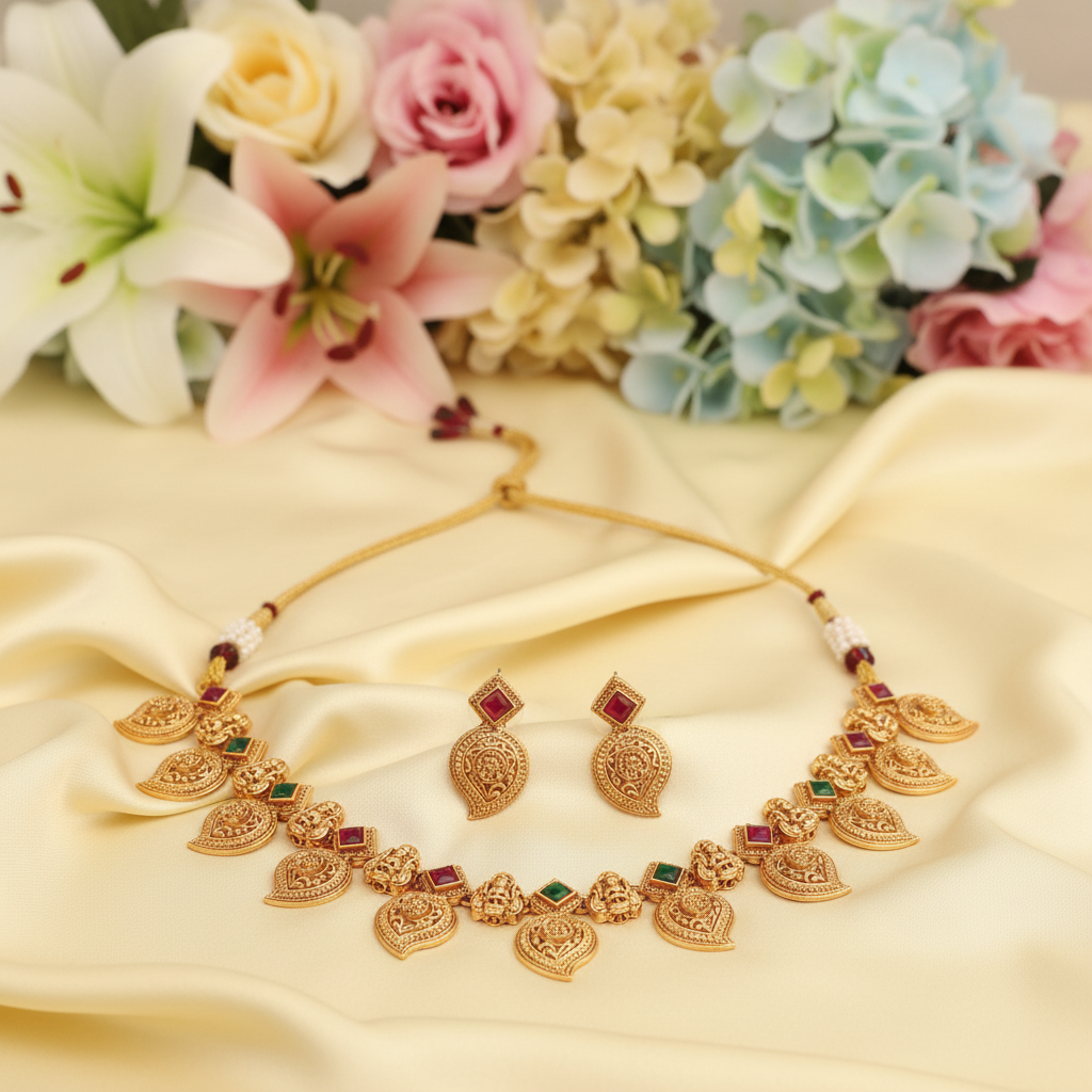 Antique Gold Lakshmi Mango Necklace Set with Ruby & Emerald Stones