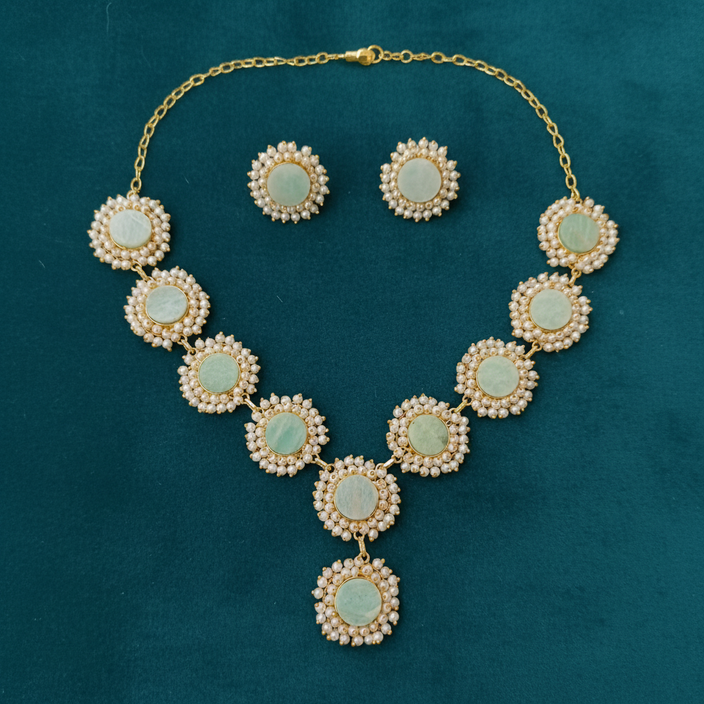Mint Pearl Cluster Temple Necklace