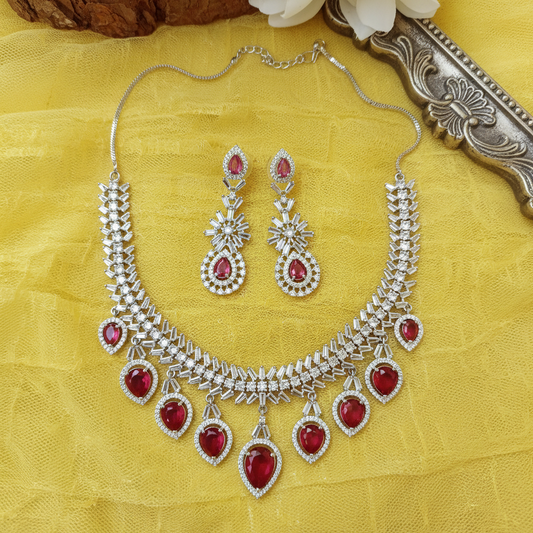 Ruby Red CZ Baguette Fringe Necklace Set
