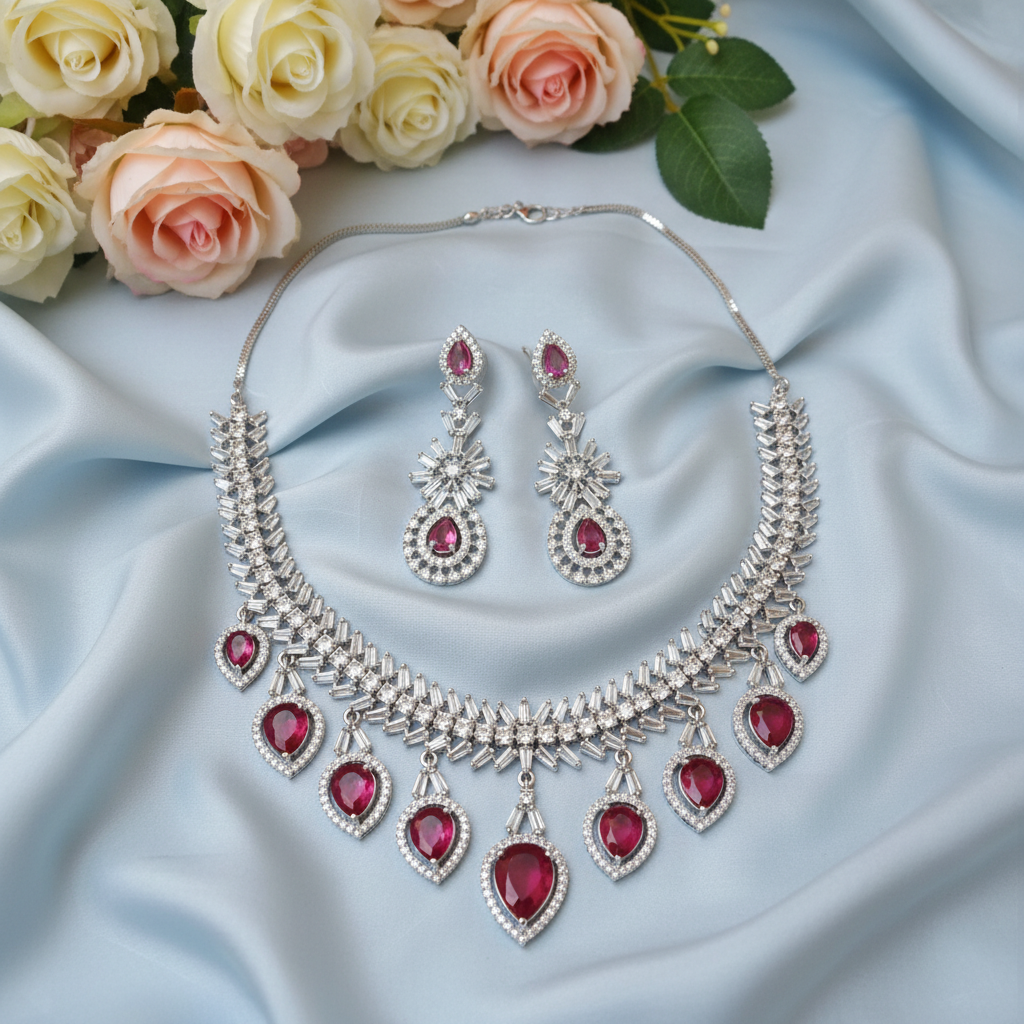 Ruby Red CZ Baguette Fringe Necklace Set