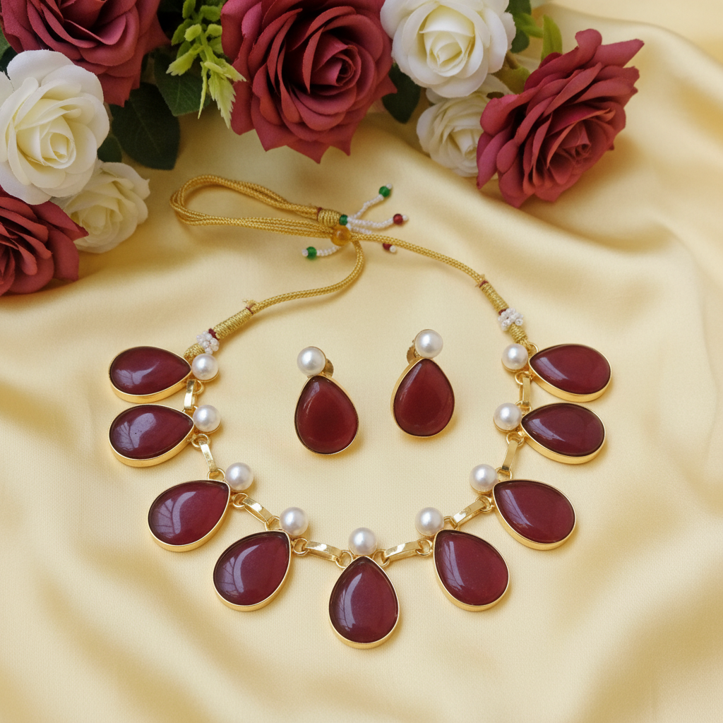 monalisa  maroon Tear drop Choker Necklace with Pearl Spacers & Matching Earrings
