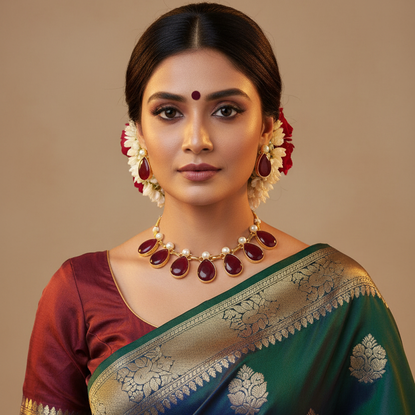 monalisa  maroon Tear drop Choker Necklace with Pearl Spacers & Matching Earrings
