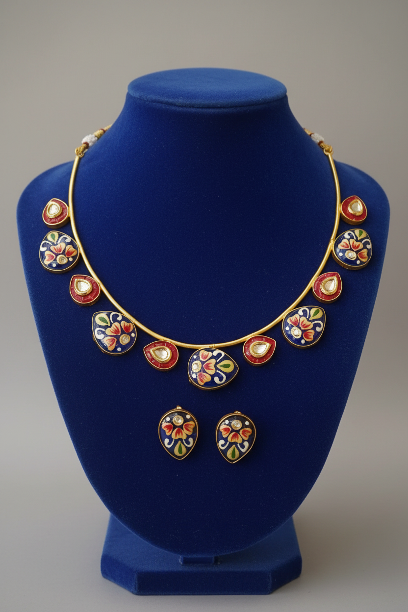 Deep Navy Meenakari Kundan Choker Necklace Set