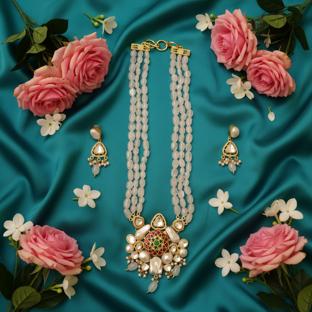 Kundan rose cots Long Bridal Necklace Set