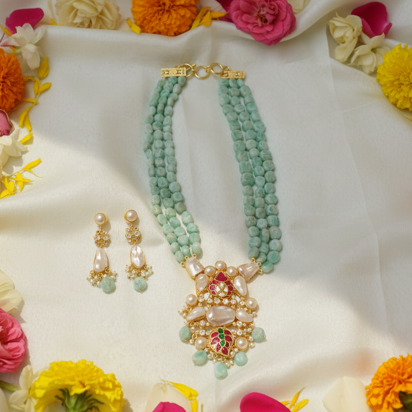 Triple Strand turquoise Beaded Long Necklace with Kundan Pendant & Pearl Earrings