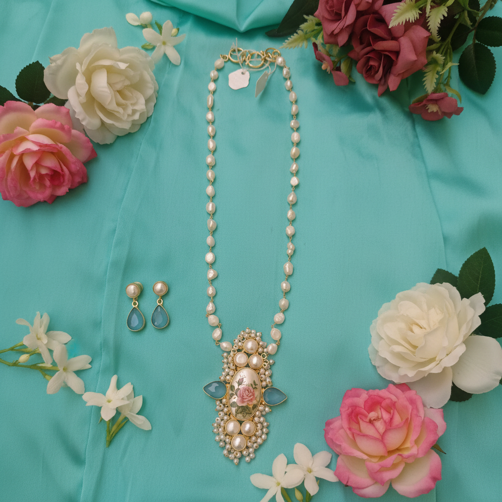 Floral Minakari Pearl Pendant Necklace Set