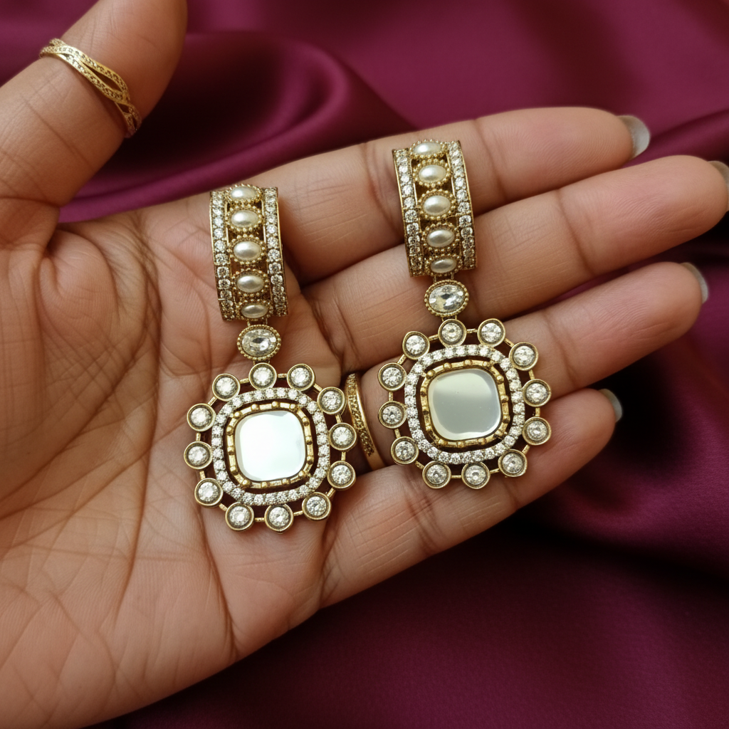 Square Kundan Drop Earrings with Pearl Clusters