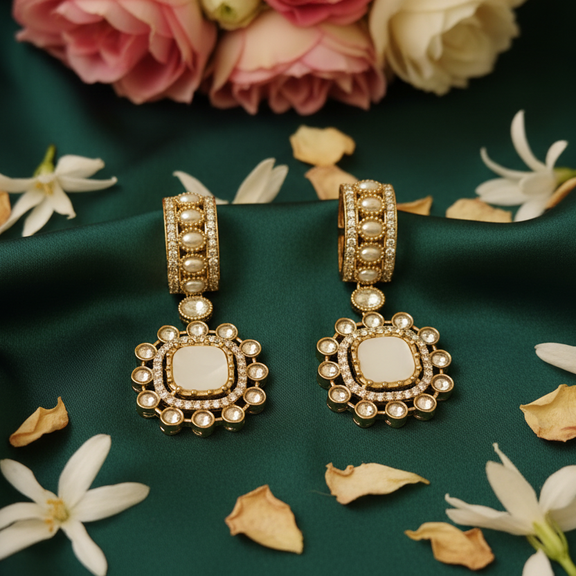 Square Kundan Drop Earrings with Pearl Clusters