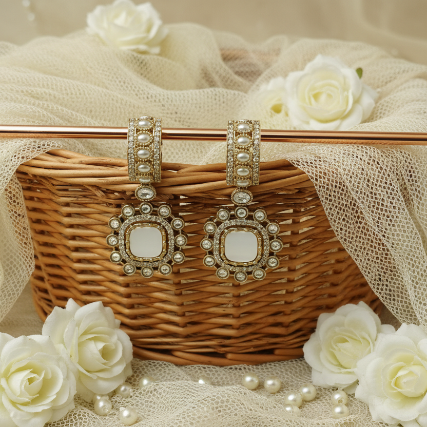 Square Kundan Drop Earrings with Pearl Clusters