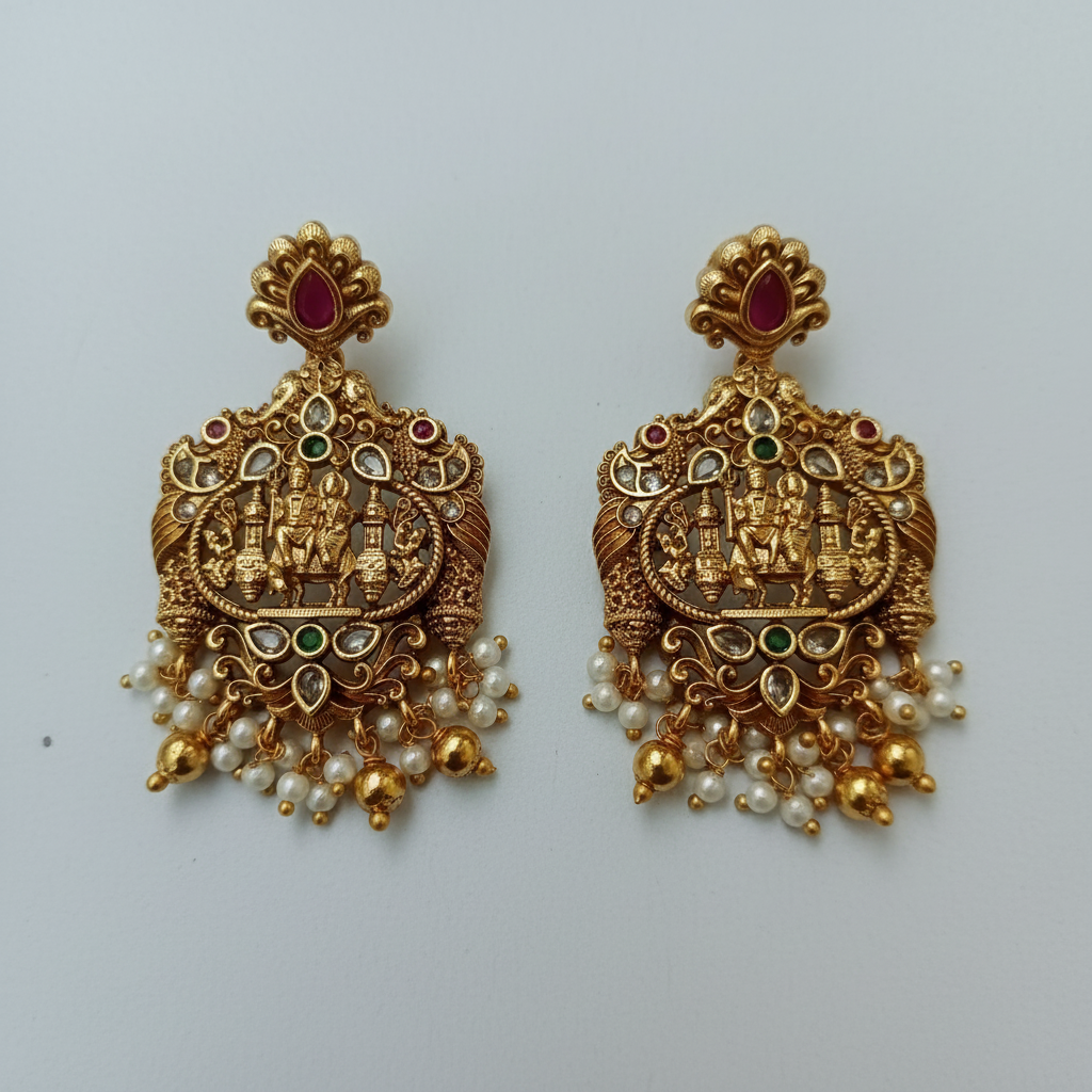 Antique Gold Temple siva parvati  Motif with Pearl & Gold Bead Drops
