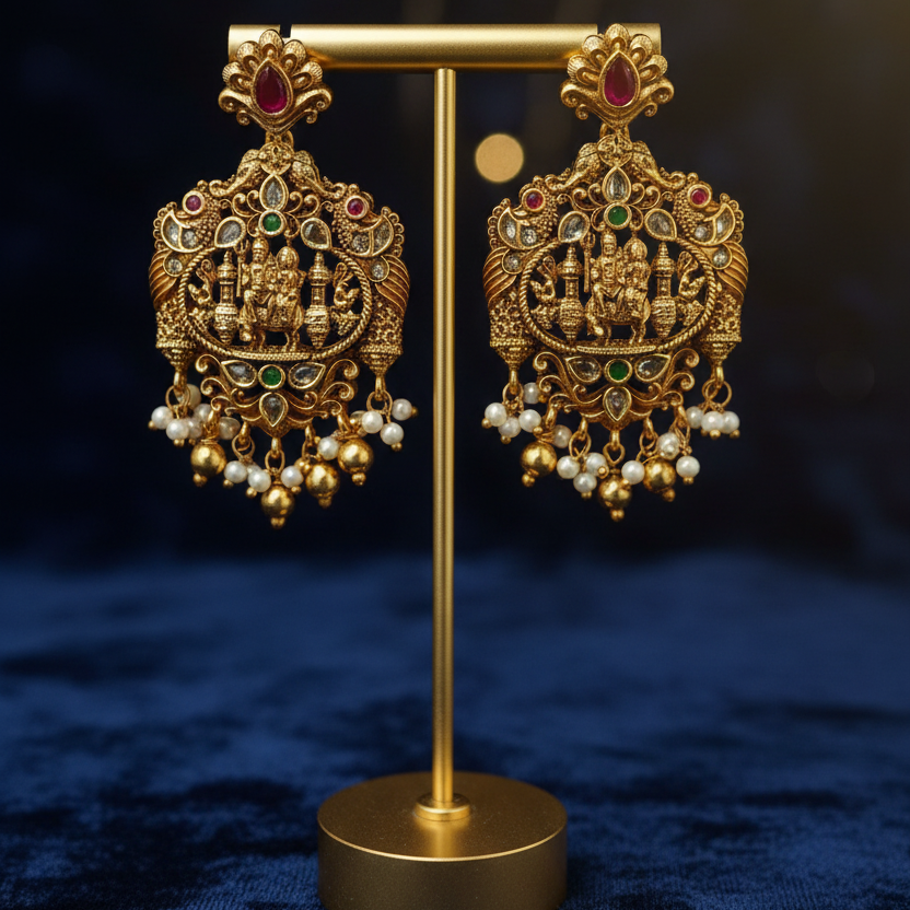 Antique Gold Temple siva parvati  Motif with Pearl & Gold Bead Drops