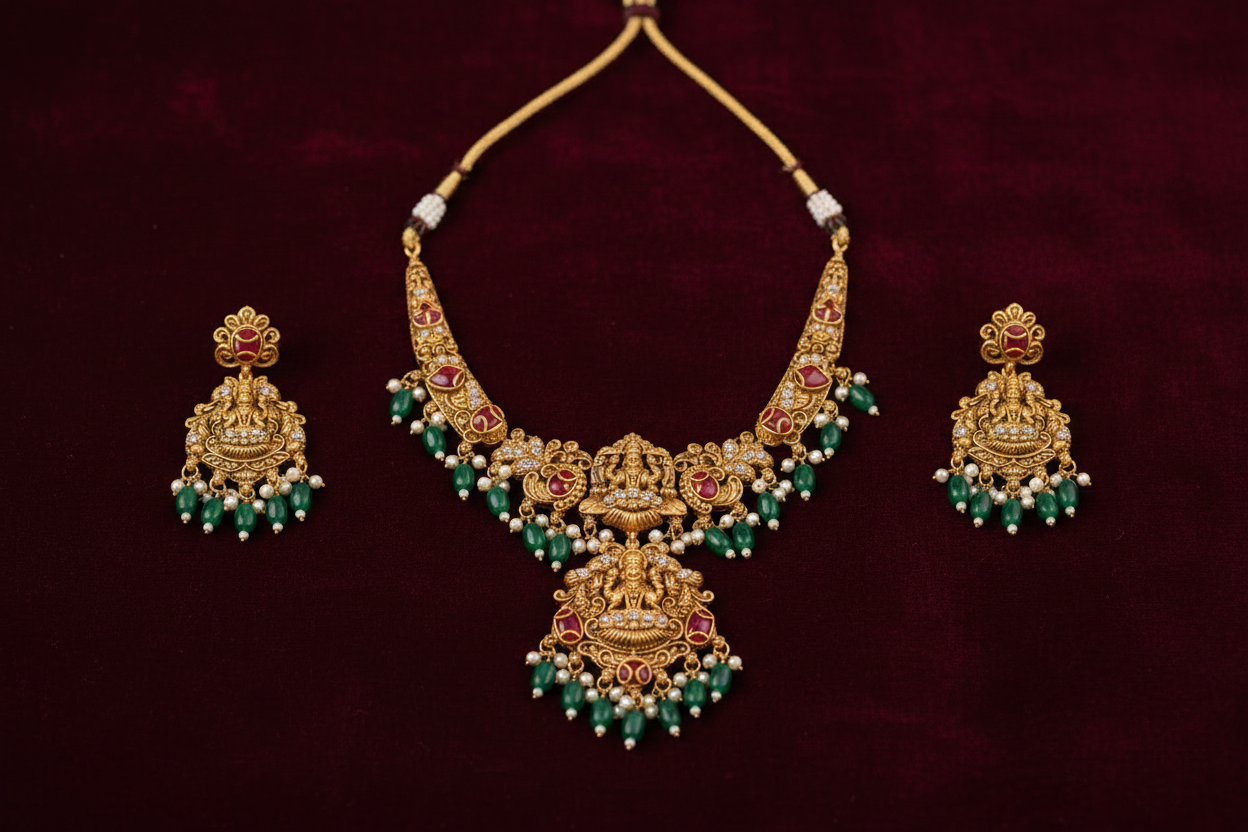 Lakshmi Temple Necklace Set with Emerald Bead Earrings