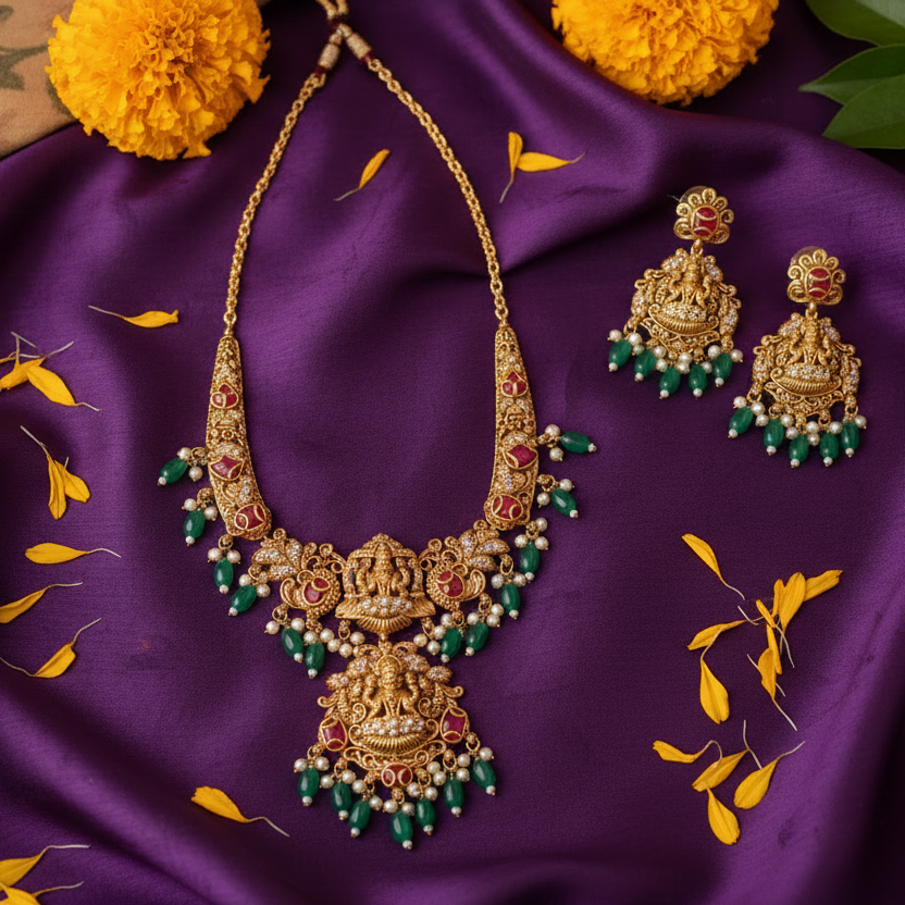 Lakshmi Temple Necklace Set with Emerald Bead Earrings