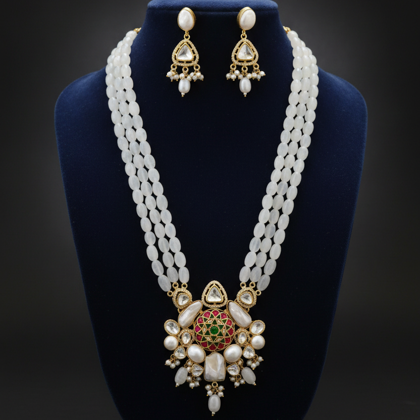 Kundan rose cots Long Bridal Necklace Set