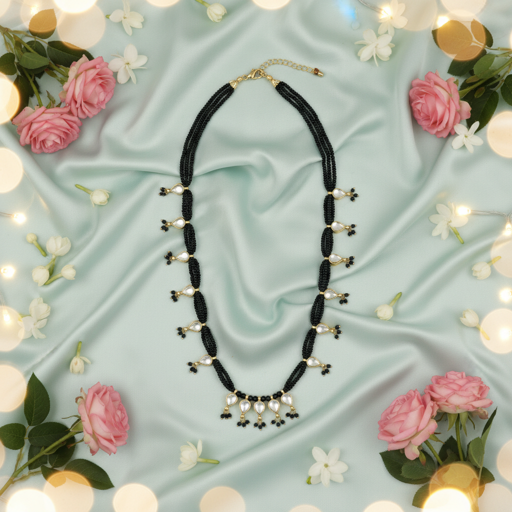 Black Teardrop Black Bead  Necklace